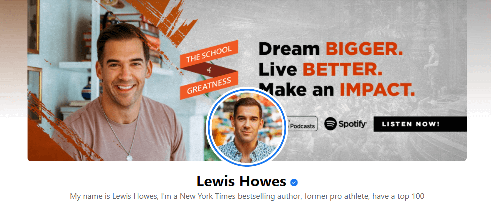 A screenshot of Lewis Howes's Facebook page banner.