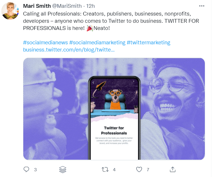 A screenshot of Mari Smith's Twitter post.