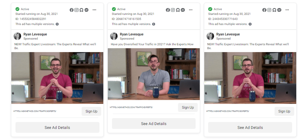 A screenshot showing Ryan Levesque's different variations of image ads.