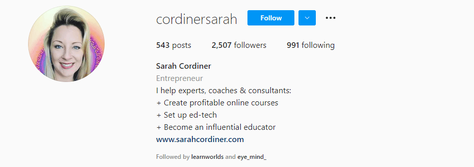 A screenshot of Sarah Cordiner's Instagram bio.
