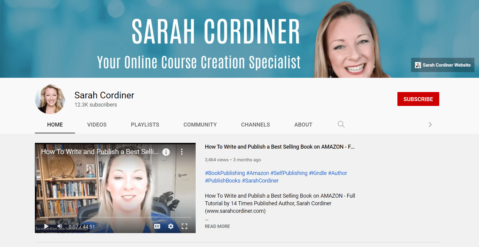 A screenshot of Sarah Cordiner's  YouTube channel.