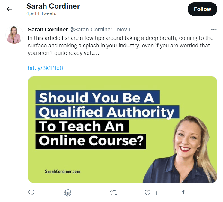 A screenshot of Sarah Cordiner's Twitter post.