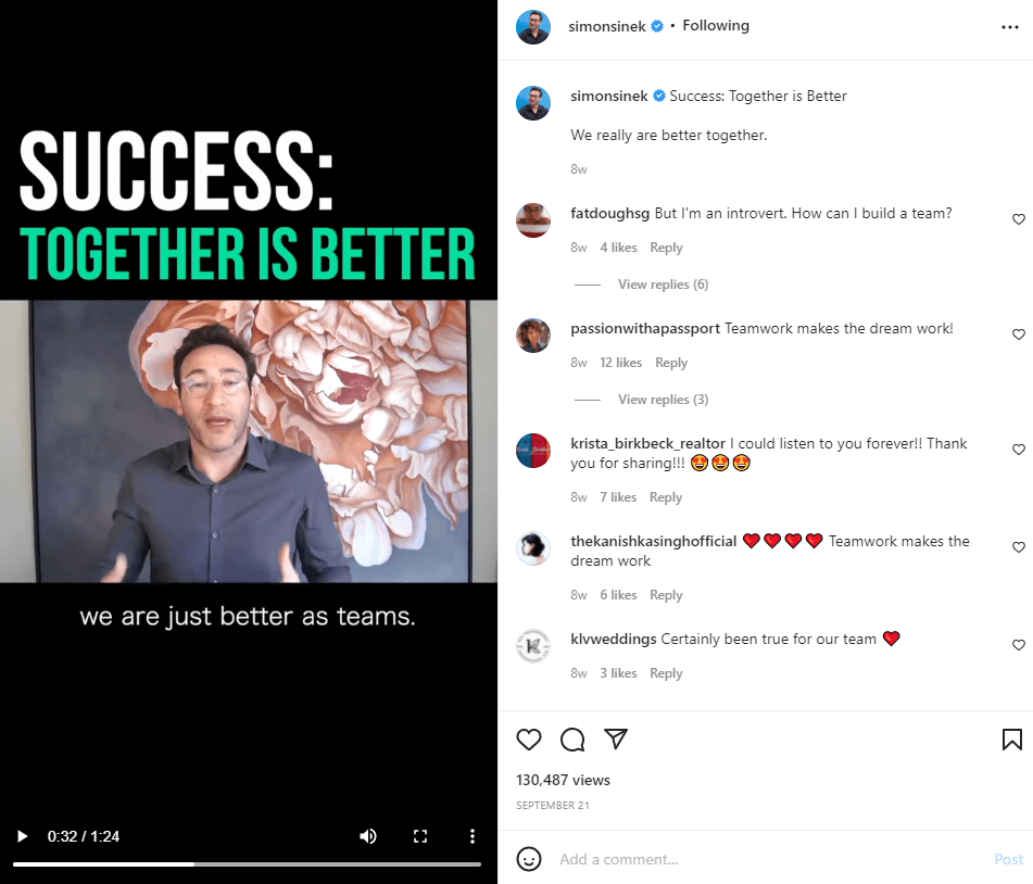 A screenshot of Simon Sinek's post on Instagram. Image title: Simon-Sinek-Instagram