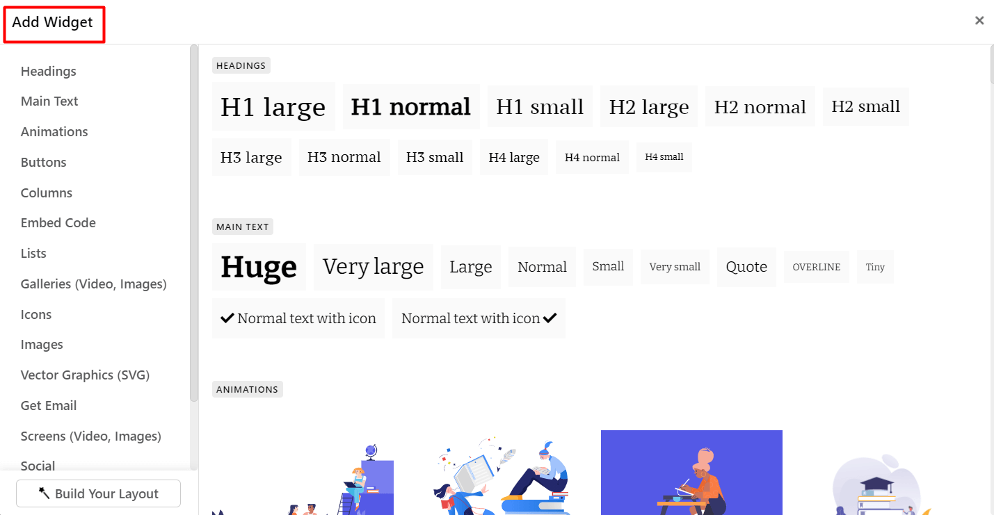 A screenshot of the Widgets' tab inside LearnWorlds.