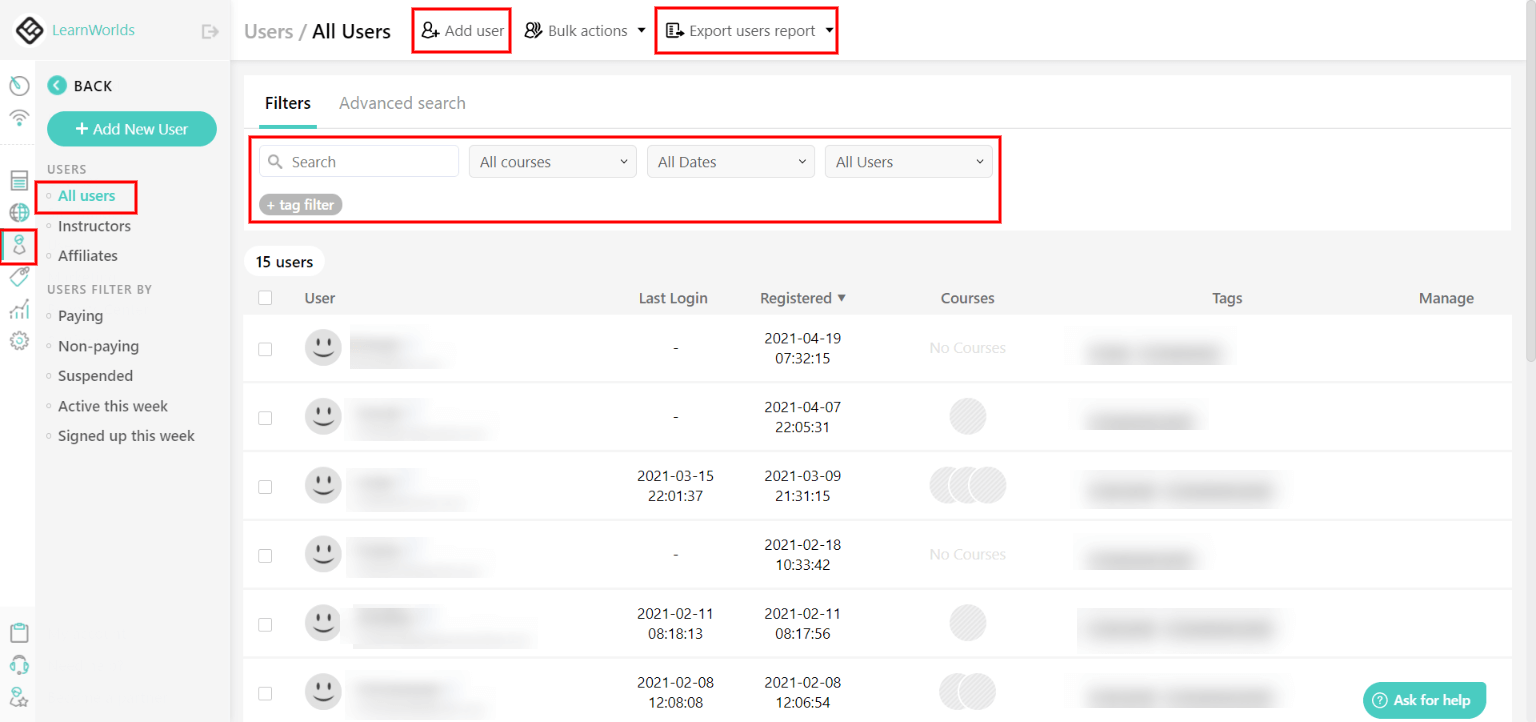 A screenshot of the User Management page inside LearnWorlds
