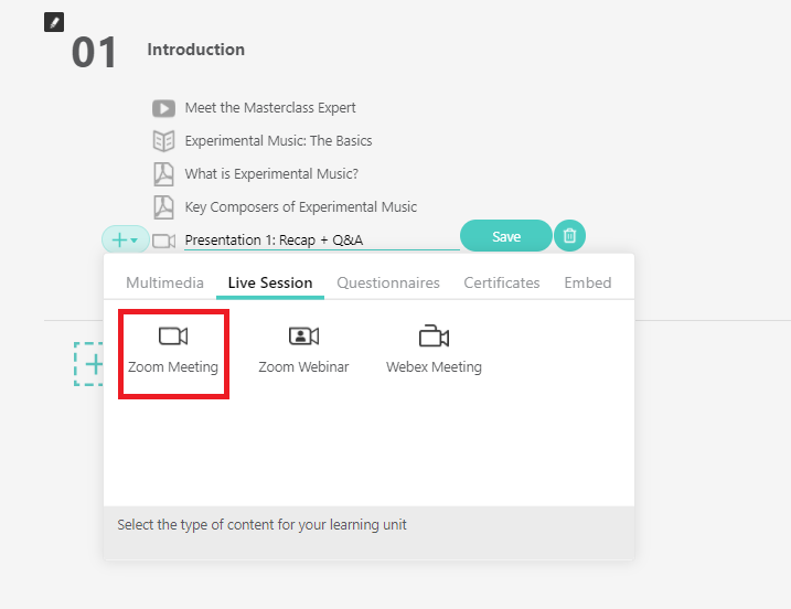 A screenshot of the learning activities card inside the LearnWorlds platform featuring the Zoom Meeting option.