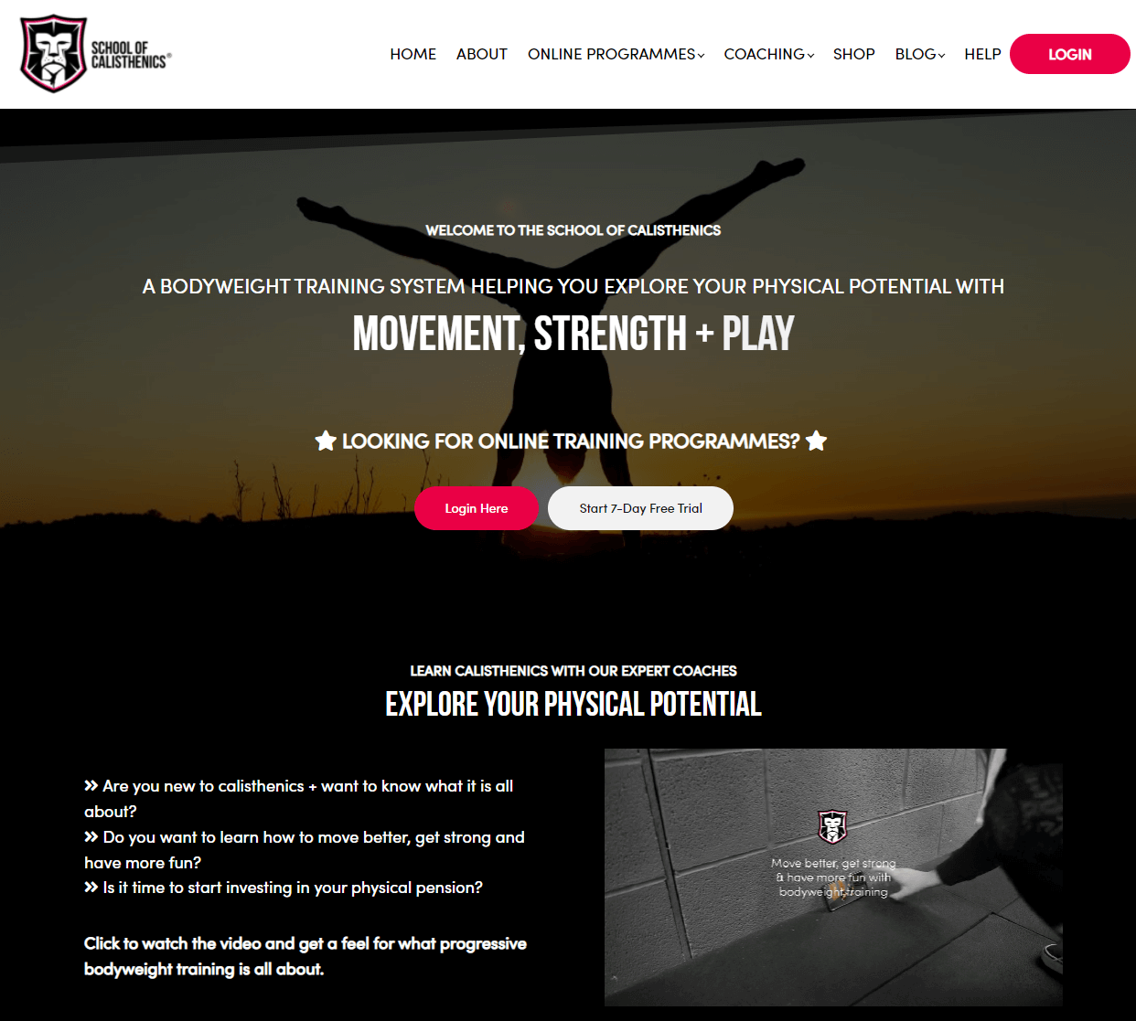 The home page of the School of Calisthenics.
