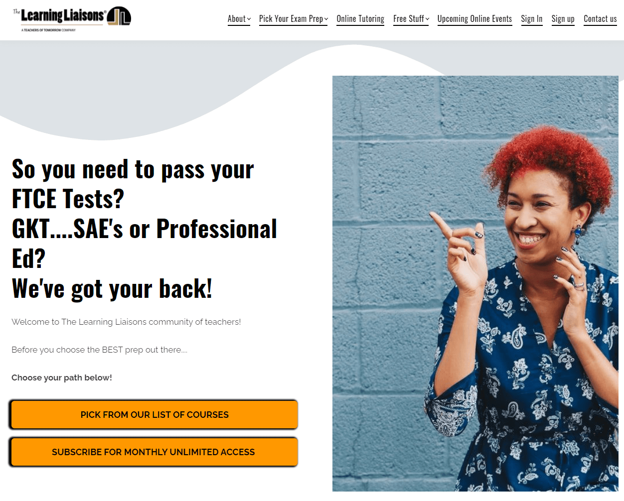 The home page of the Learning Liaisons, an exam prep academy for teachers.