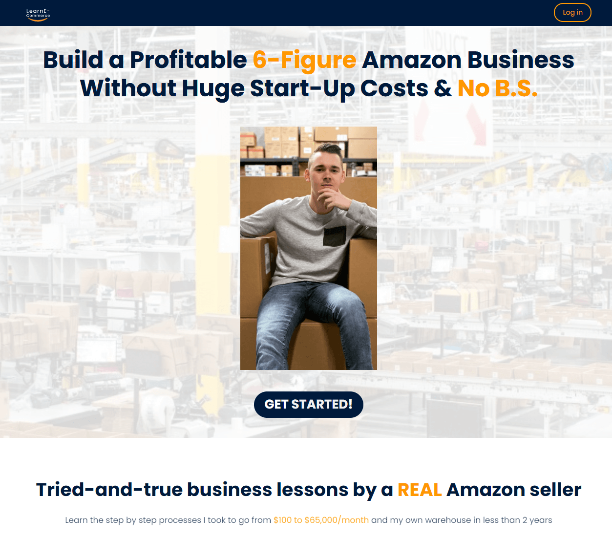 Learn Ecommerce's website showing a man on boxes.