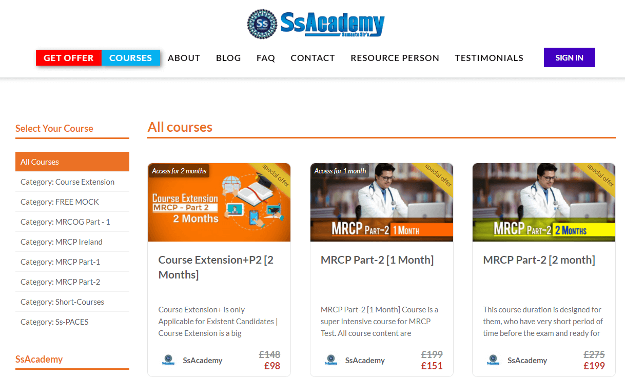 A screenshot of the courses from SsAcademy training doctors for their exams.