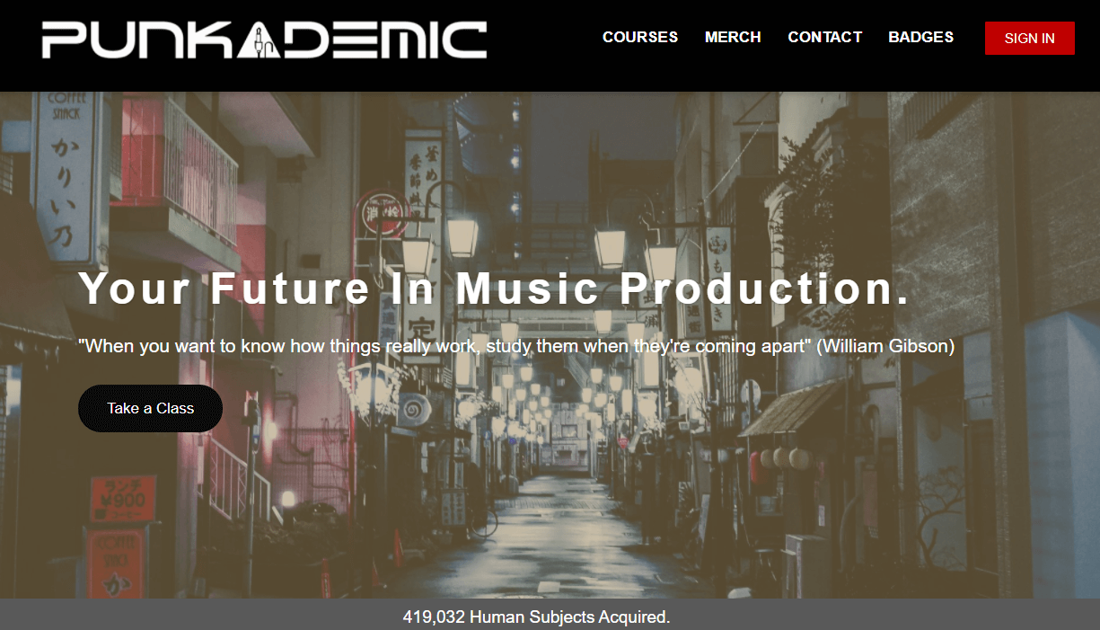 Punkademic Academy's homepage, teaching music production courses.