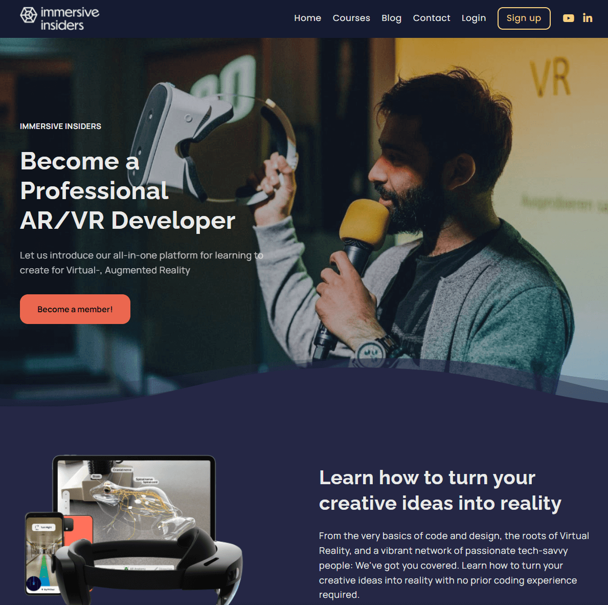 A screenshot of the teaching website Immersive Insiders offering courses in AR / VR development.