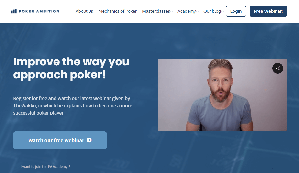 A screenshot of Poker Ambition's website as an examples of online courses.