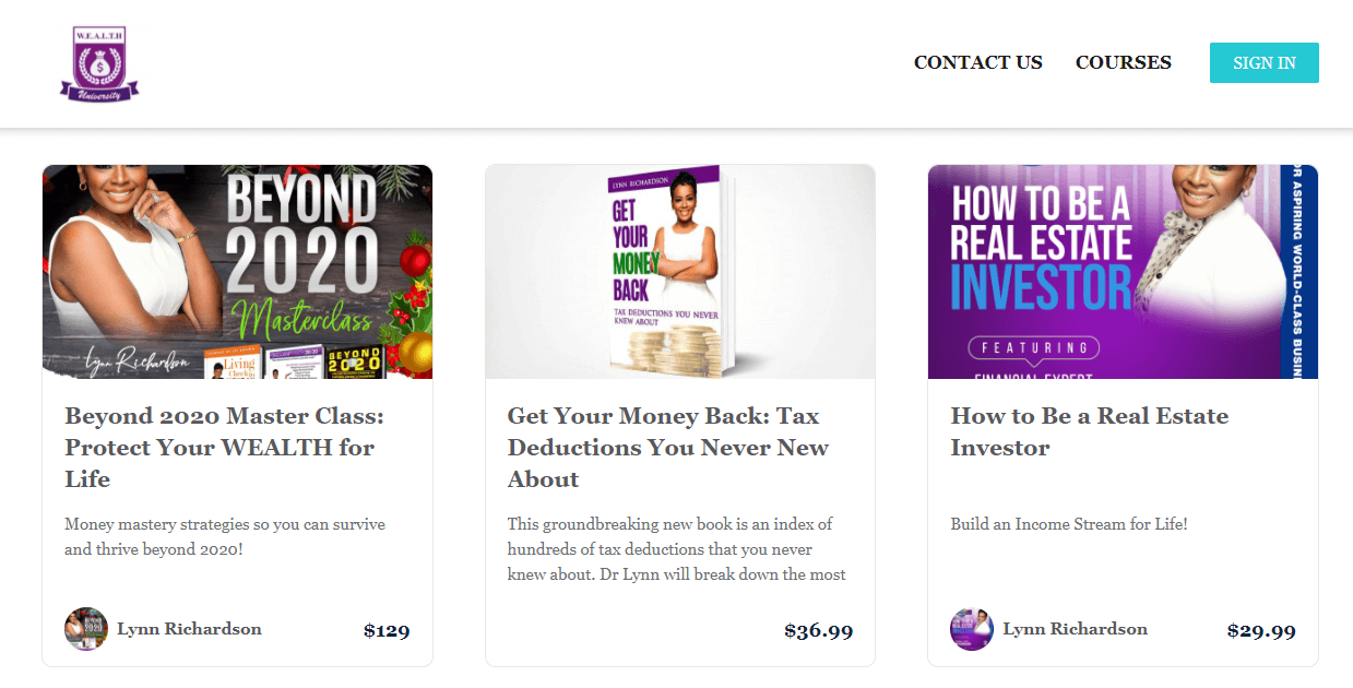 A screenshot showing the courses of Lynn Richardson on real estate.