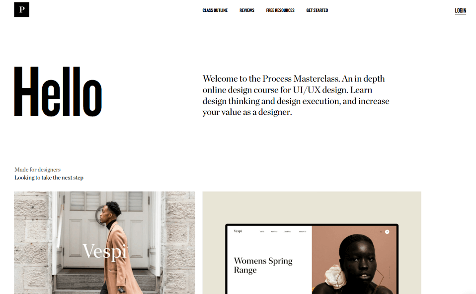 Process Master Class screenshot as an example of a design school.