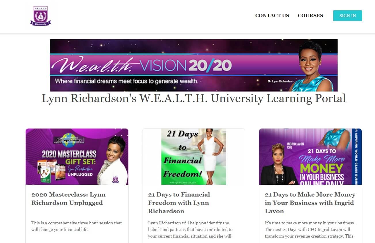 Lynn Richardson's W.E.A.L.T.H. University Learning Portal website screenshot
