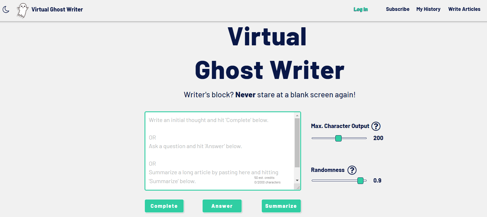 screenshot from Virtual Ghost Writer AI writing tool