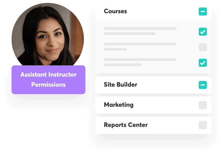 User role for assistant instructor example on LearnWorlds. Able to edit specific parts of the website and courses.