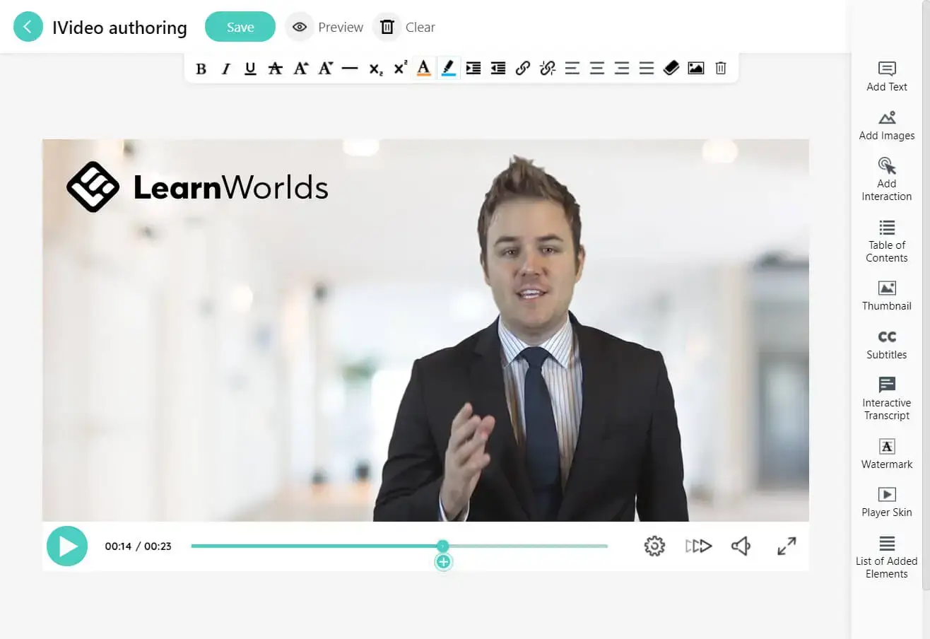 LearnWorlds interactive video editor.