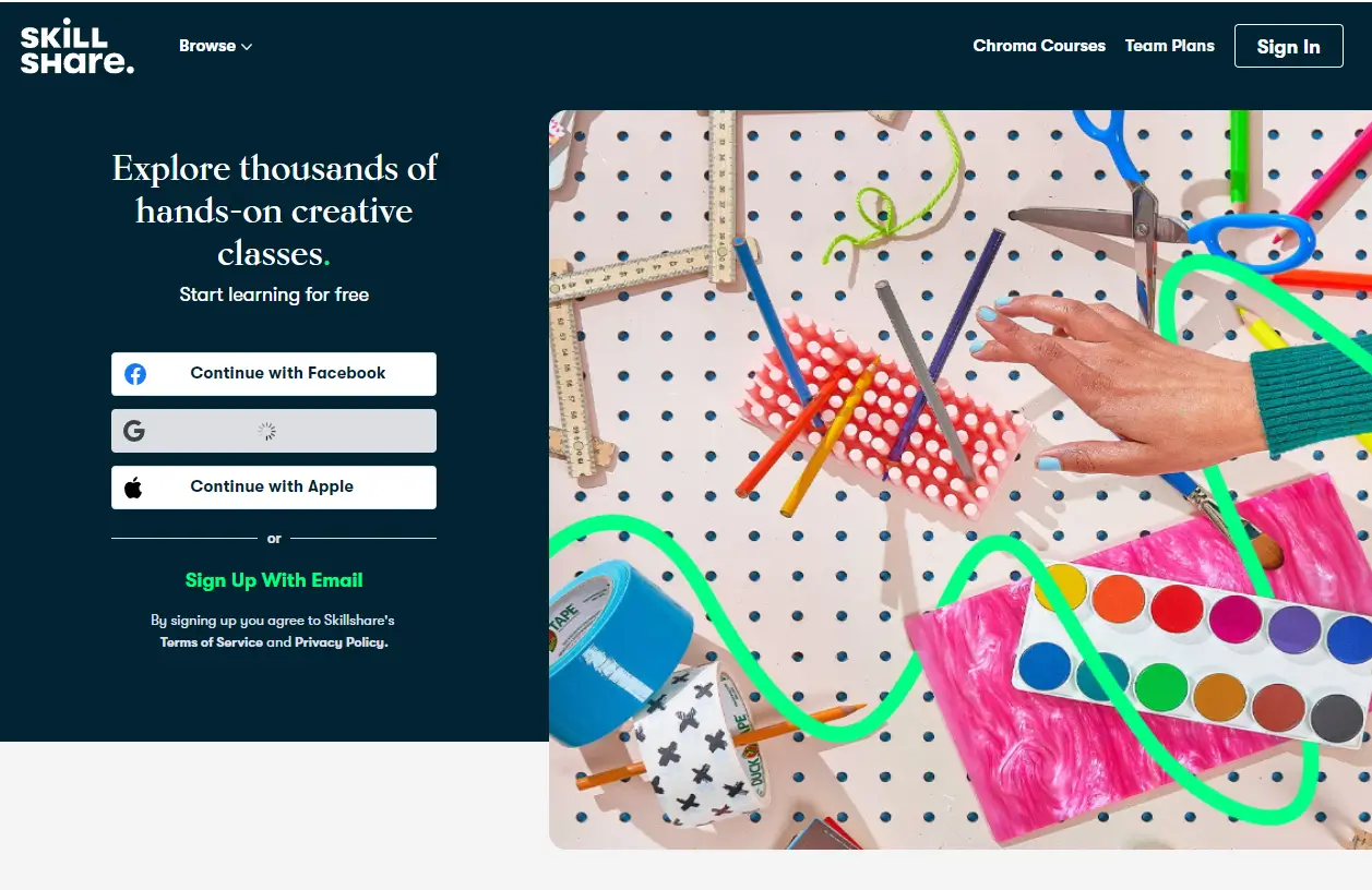 A screenshot of Skillshare's home page focusing on creative classes and lifelong learning.