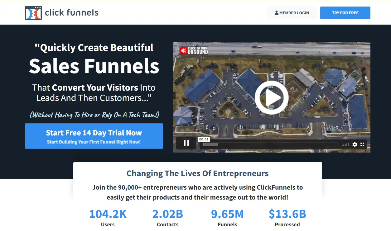 Clickfunnels home page talking about sales funnels.