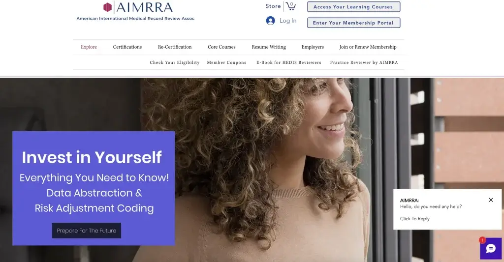 a screenshot of AIMRRA's landing page showing a smiling woman