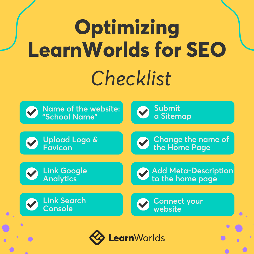 A checklist to optimize LearnWorlds for SEO.