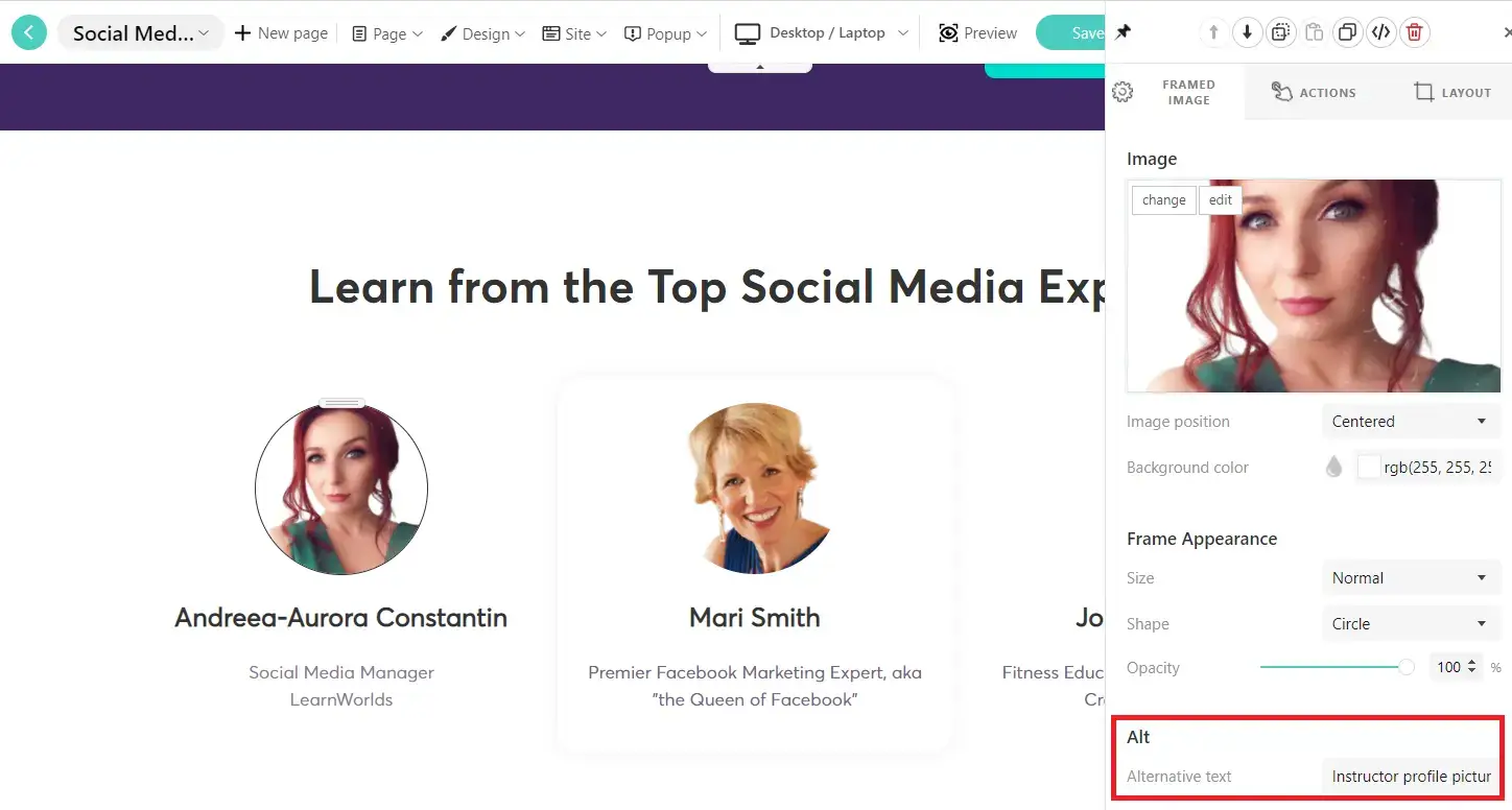 Adding alternative text to images on LearnWorlds Site Builder. An example of with a course instructor profile image.
