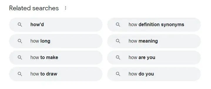 Related searches on Google for results of 