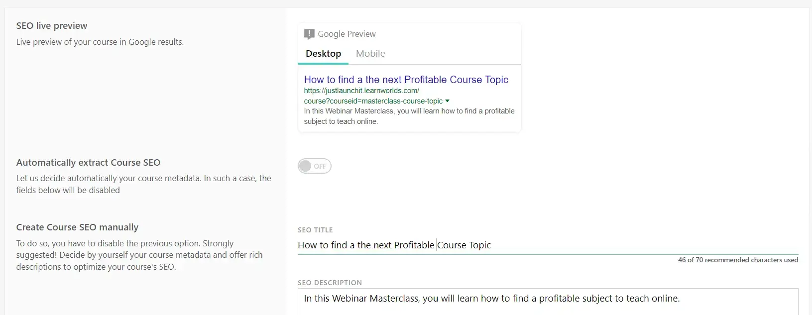 Screenshot of LearnWorlds' meta description and meta title, automatic extraction of SEO and search engine live preview.