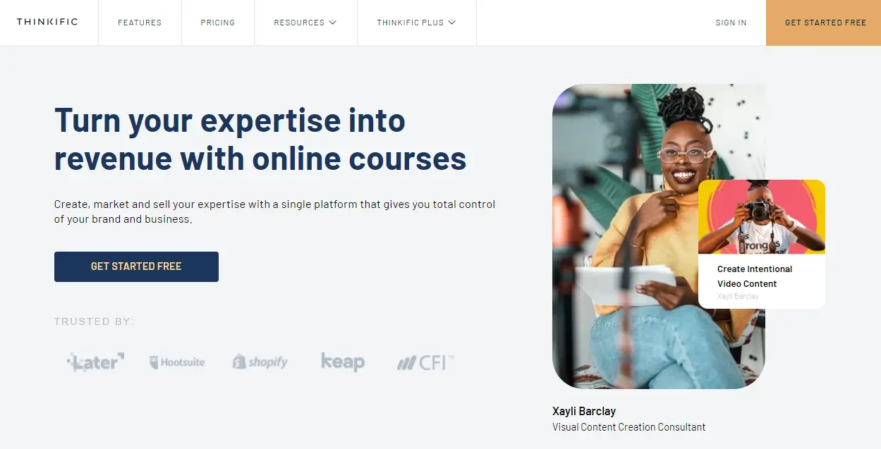 Screenshot of Thinkific's website showing Xayli Barclay