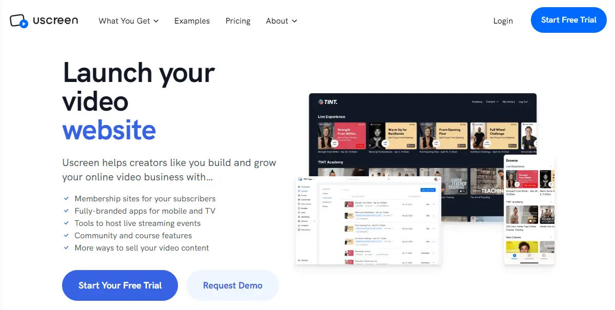 A screenshot of Uscreen's home page for video creators.