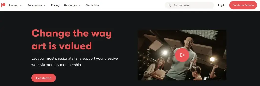 A screenshot of patreon's home page focusing on art memberships.