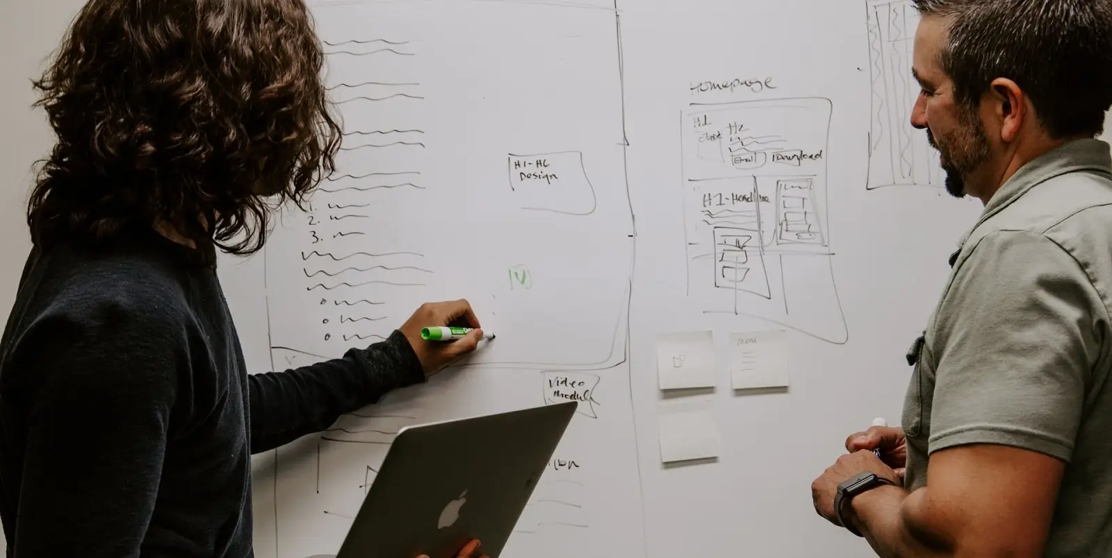 Two people creating an online course outline using a template on a whiteboard.