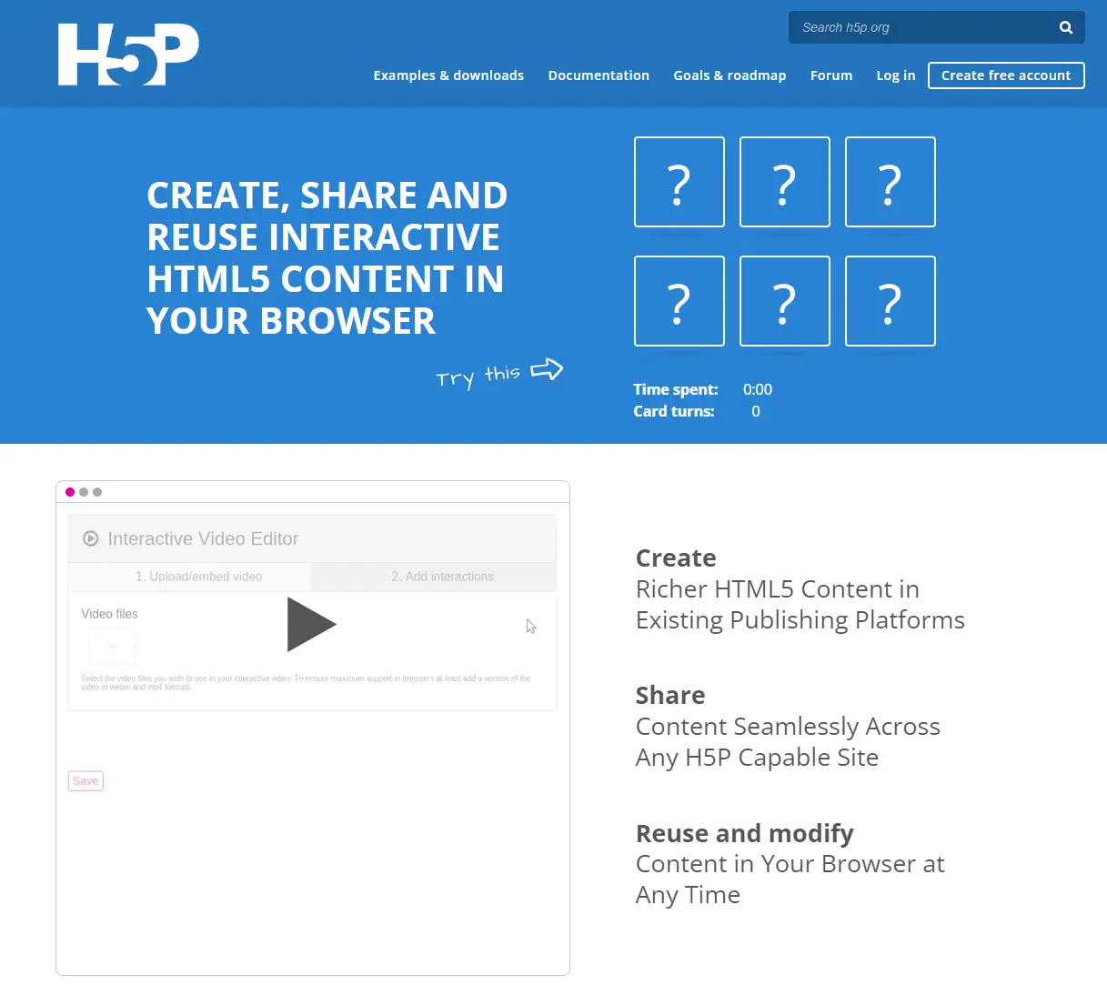 A screenshot of the homepage of H5P showing some interactive authoring tools.