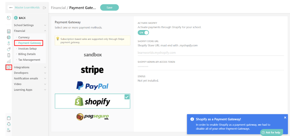 learnworlds payment gateway Shopify