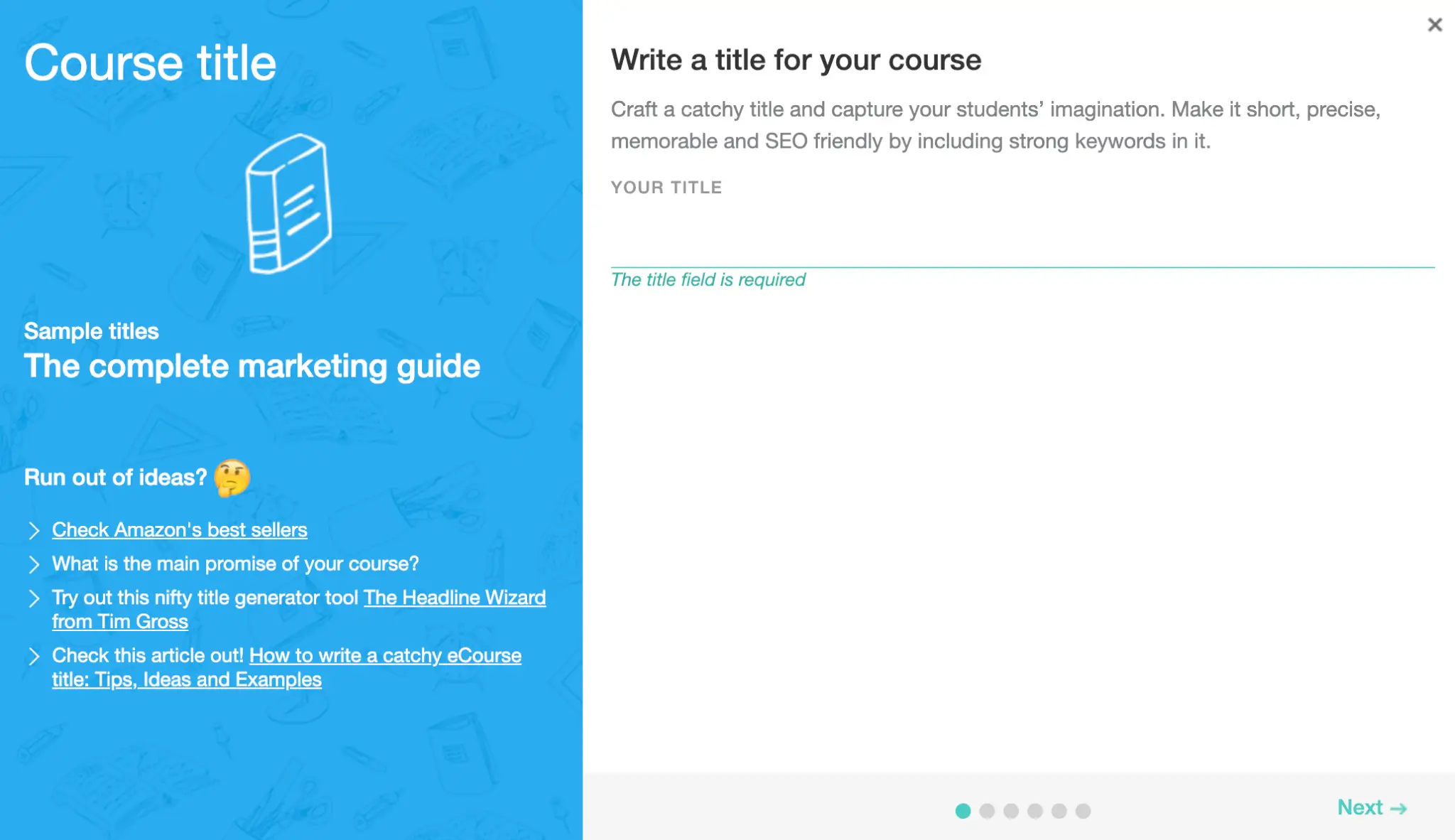 A Screenshot of LearnWorlds' course wizard for adding the Title and meta-title of a new course.
