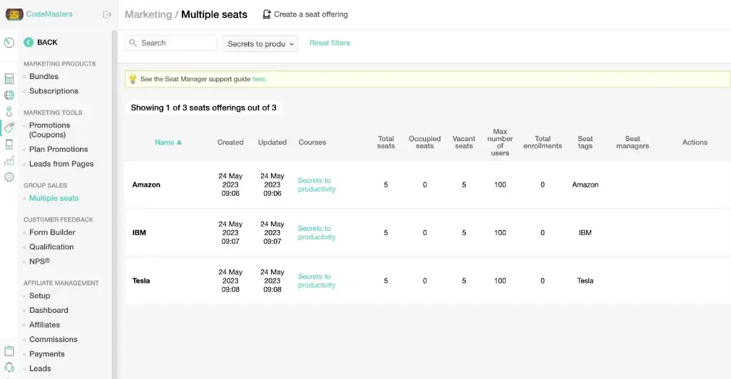 multiple seat offering marketing screenshot LearnWorlds