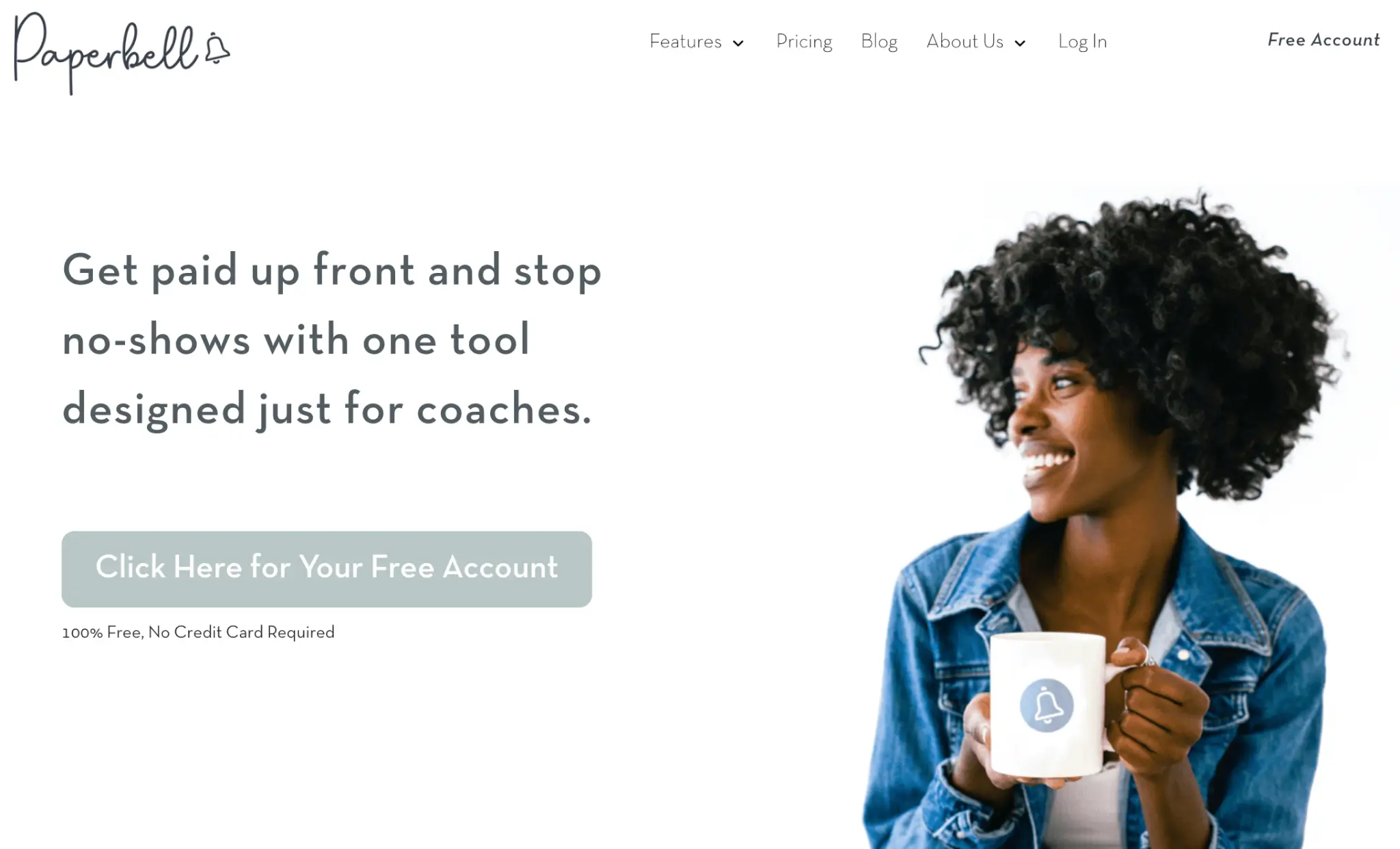 A screenshot of Paperbell Features page showing a woman holding a mug