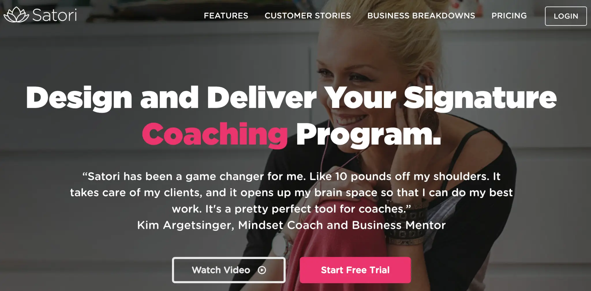 a screenshot of Satori Homepage showing a woman with earphones