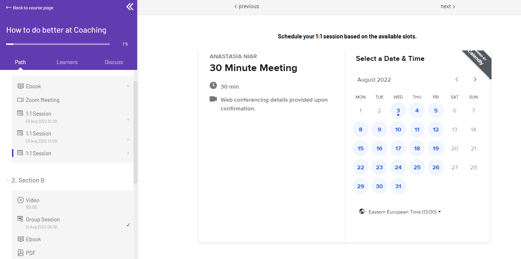An example of 1 on 1 coaching activity on LearnWorlds