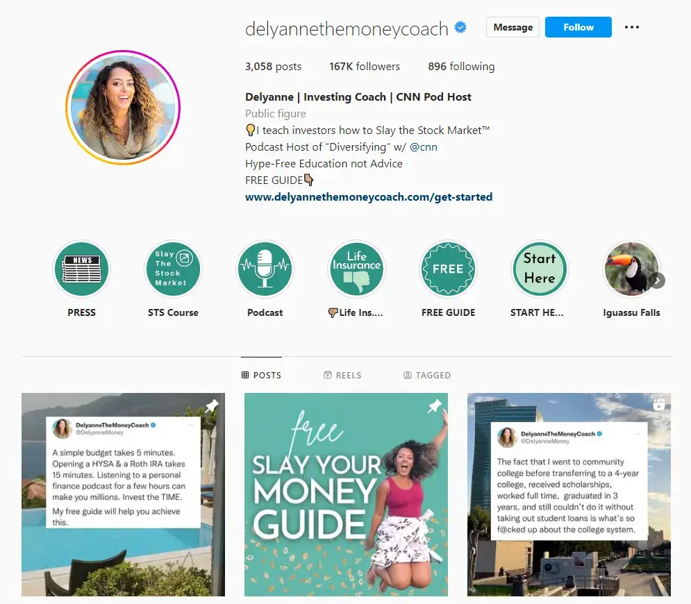 Delyanne Barros' instagram page screenshot where she talks about investment advice. An instagram influencer example.