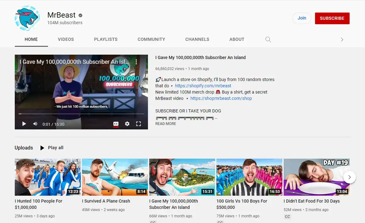 MrBeast's youtube channel, another example of a successful youtube creator with millions of followers.