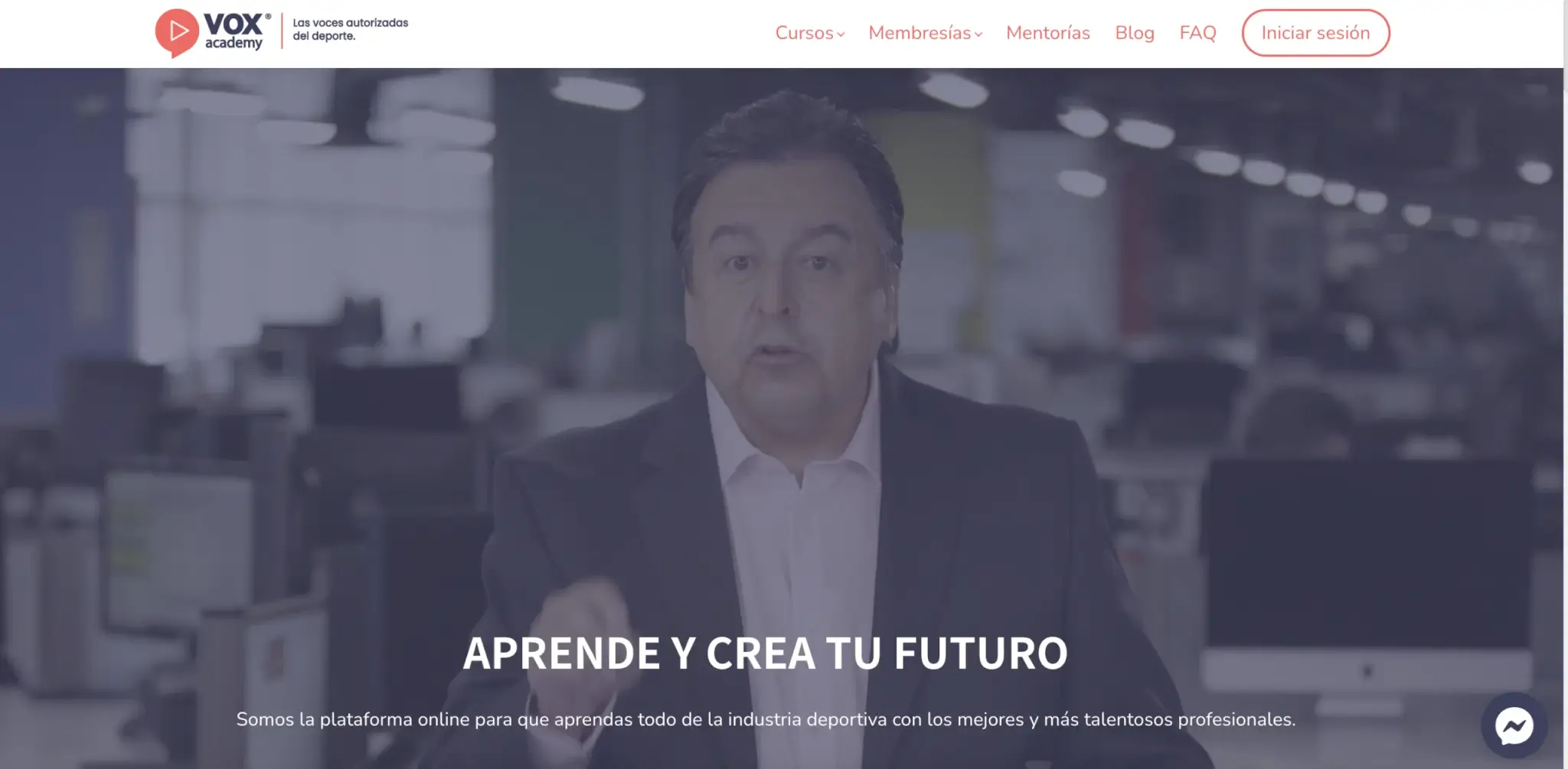 a screenshot of the VOX Academy landing page showing a man talking