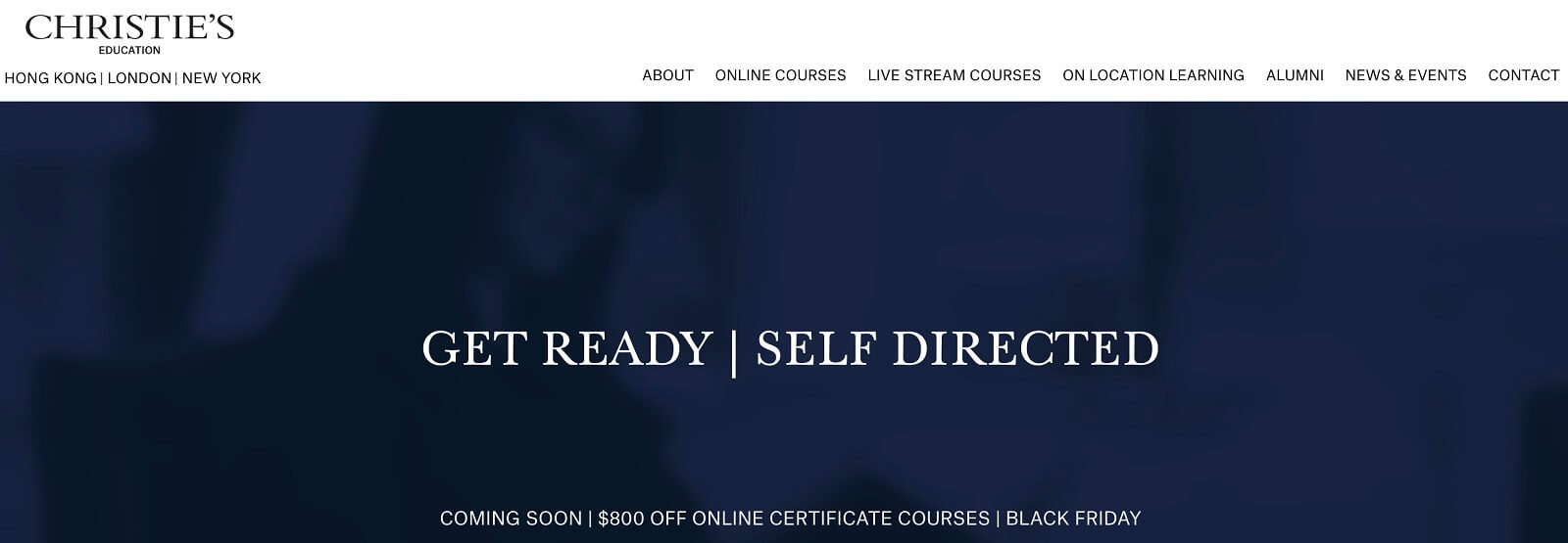an image of Christie's Education website announcing an upcoming sale in dark blue background