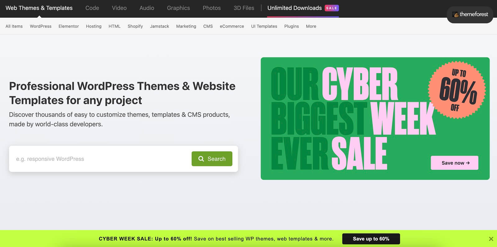an image of ThemeForest announcing a Cyber Week sale with a colorful banner