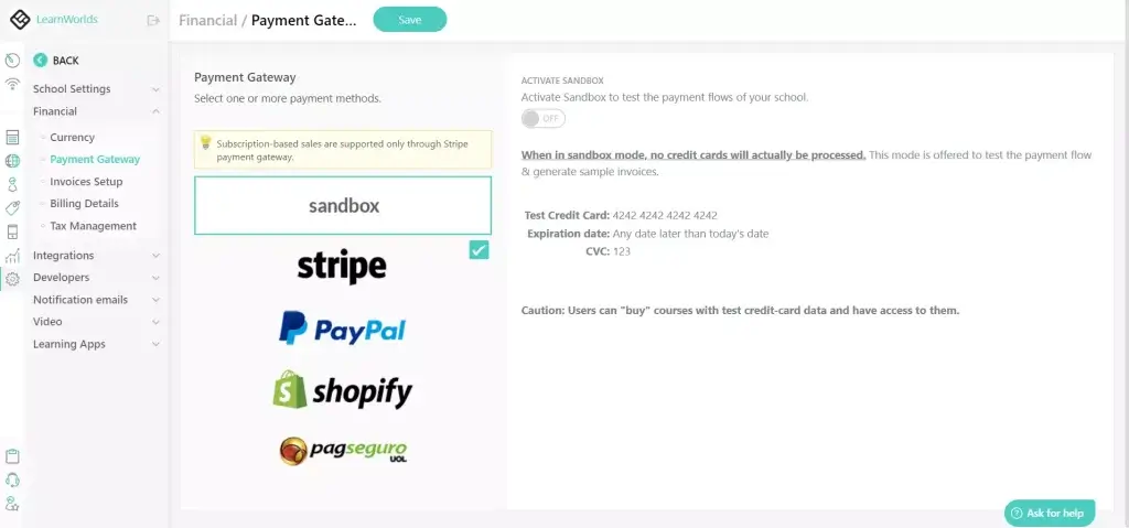 Payment gateways - settings - LearnWorlds screenshot