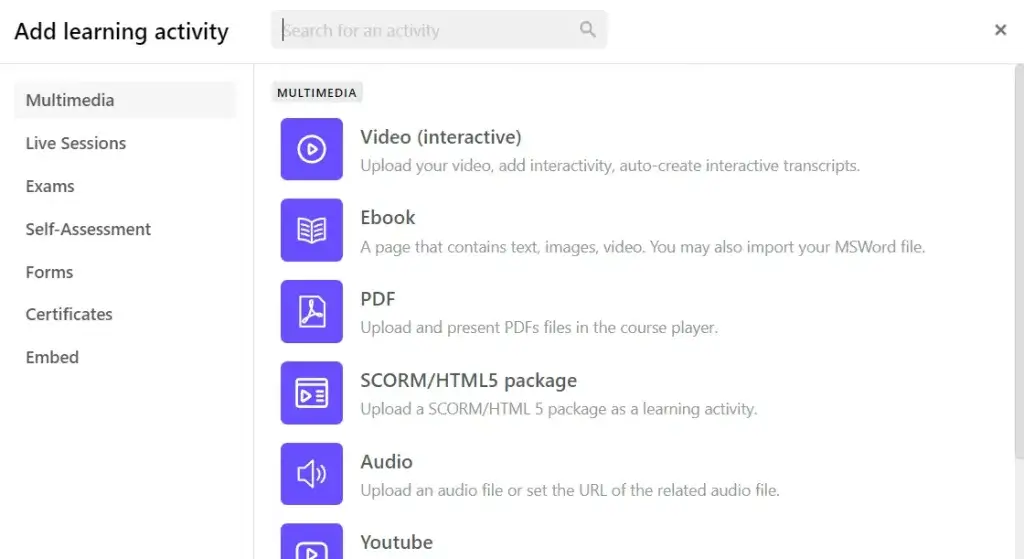 Learning activities LearnWorlds - screenshot