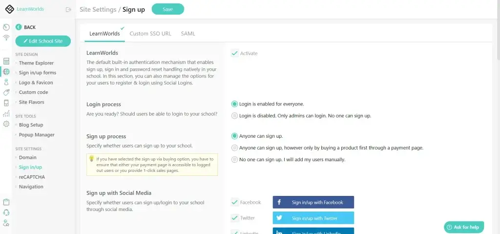 Sign in/up screen - settings - LearnWorlds