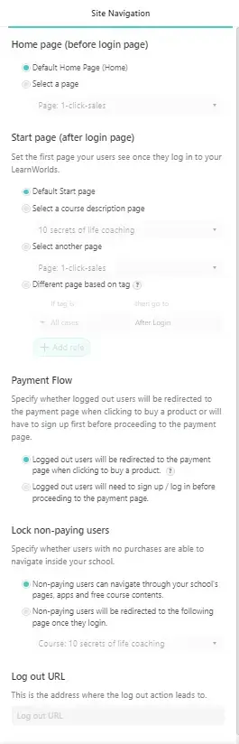 Site navigation settings - screenshot - LearnWorlds
